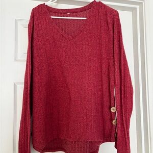 Red V-Neck Sweater with Button Detail